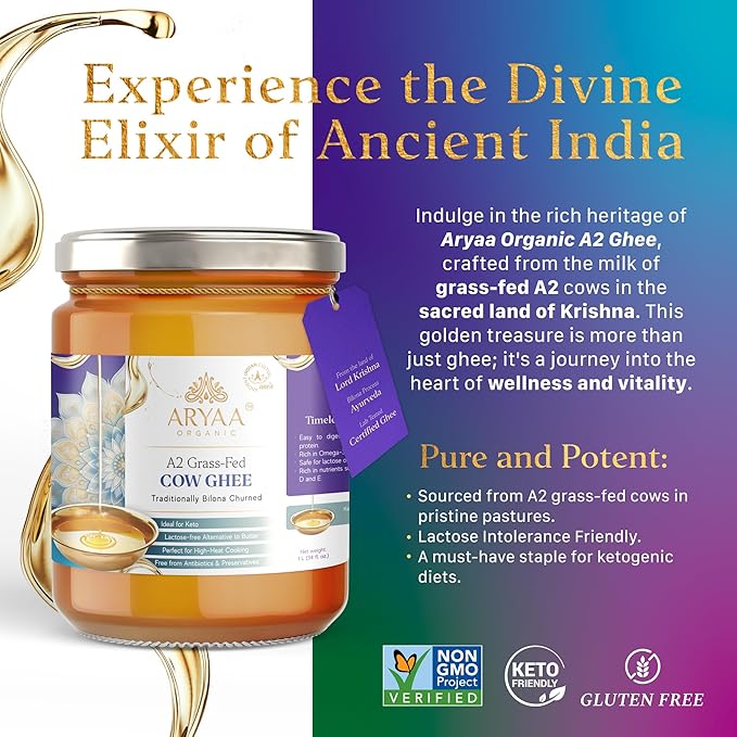 Aryaa Organic A2 Ghee | Grass-fed Cow Ghee, Bilona Method |1Liter (34 fl oz) | Premium Ayurvedic