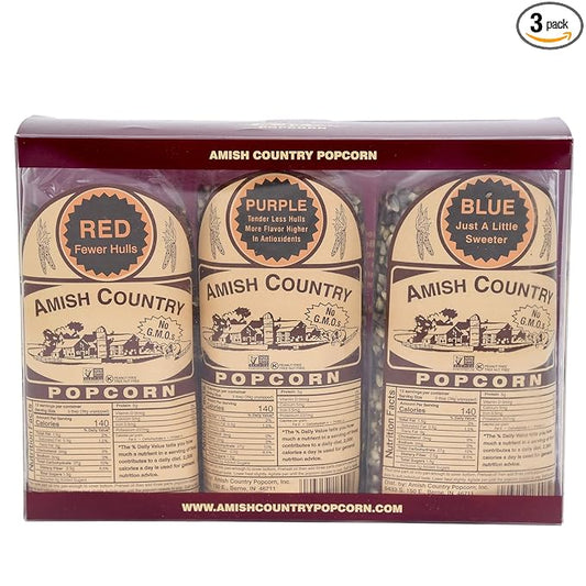 Amish Country Popcorn | 3 (1 Lb Variety Gift Set) - Red, Purple & Blue Kernels | Old Fashioned