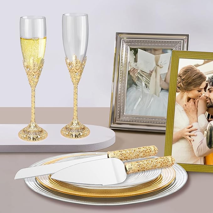 Gold Cake Knife and Server Set - 2 Piece Dessert Set Metal Handle with Crystal Stones Decoration