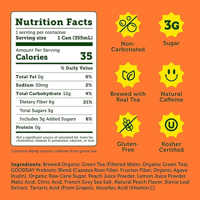 HALFDAY Prebiotic Peach Iced Tea Cans, Supports Digestive & Gut Health, 6g Plant Fiber &