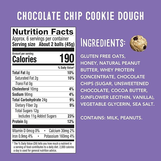 simplyFUEL Whole Food Protein Balls with Probiotics - Chocolate Chip Cookie Dough Snacks - 8g
