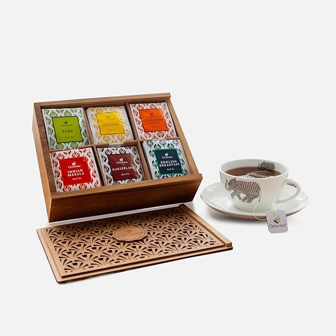 Octavius Tropical Palm Cutwork Wooden Tea Sampler Box | Premium Black & Green Tea Gift Set | 6
