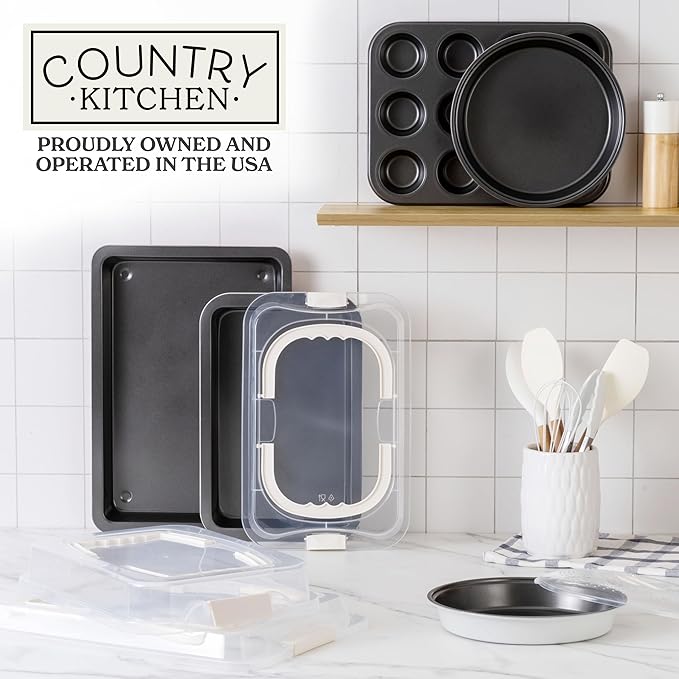 Country Kitchen Baking Pans Set - 10 Piece Non-Stick Cake Pans with Carry Lids for Easy Storage &