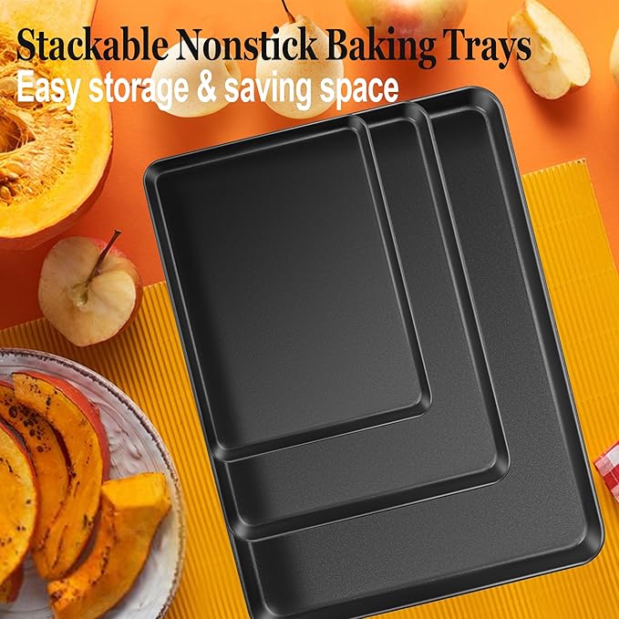 E-far Cookie Baking Sheet Set of 3, Nonstick Metal Sheets Pans Jellyroll Trays for Oven