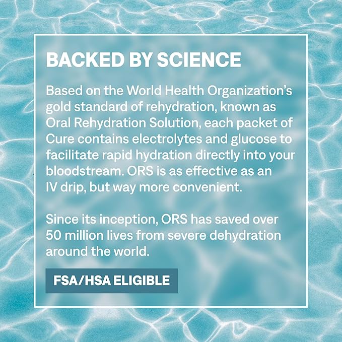 Cure Hydration | Plant-Based Electrolyte Drink Mix | No Added Sugar | FSA-HSA | Dehydration Relief