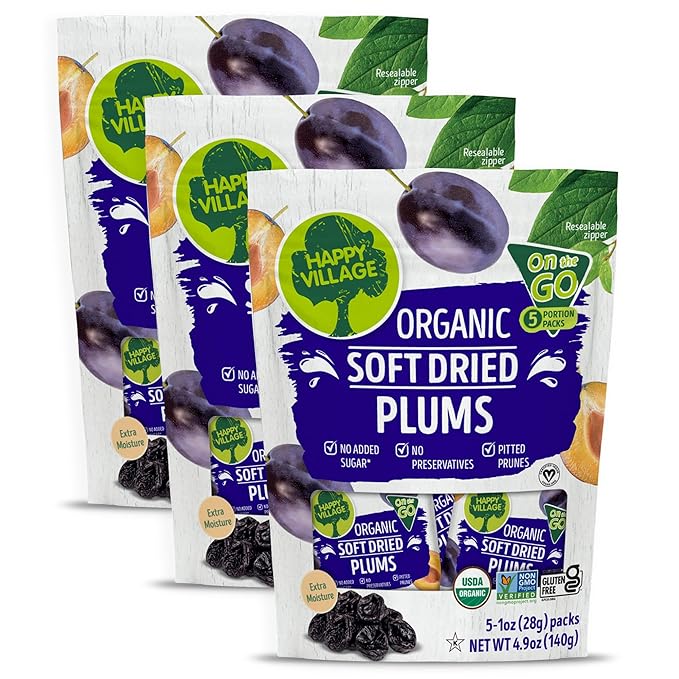 Happy Village Organic Soft Dried Prunes (Plums) On the Go – 3 Bags (15 Individual Portion Packs) |