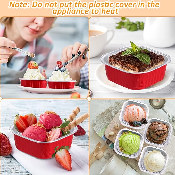 Aoriher 150 Pieces 10 oz Mini Cake Pans with Lids Aluminum Foil Baking Cups Square Disposable 4" x