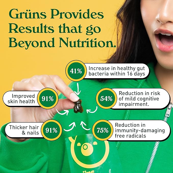 Gruns Adult Sugar-Free Super Greens Gummies, Superfood Gummy Bears with Spirulina, Chlorella, Fiber