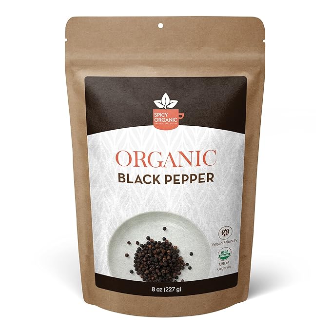 SPICY ORGANIC Black Peppercorns ??8 oz - Whole, Fresh, and Spicy Black Pepper for Grinder Refill