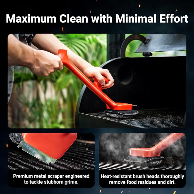 BBQ Grill Brush Bristle Free - 17" Safe Steam Grill Cleaner Brush with Scraper and 3 Brush Heads