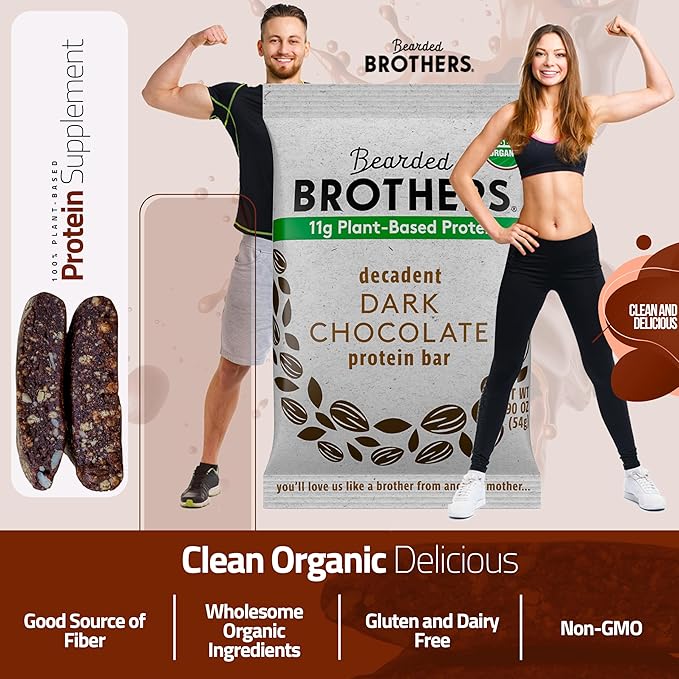 Bearded Brothers Organic Protein Bars, Dark Chocolate (10 Pack) - 11g of Plant Based Protein Gluten