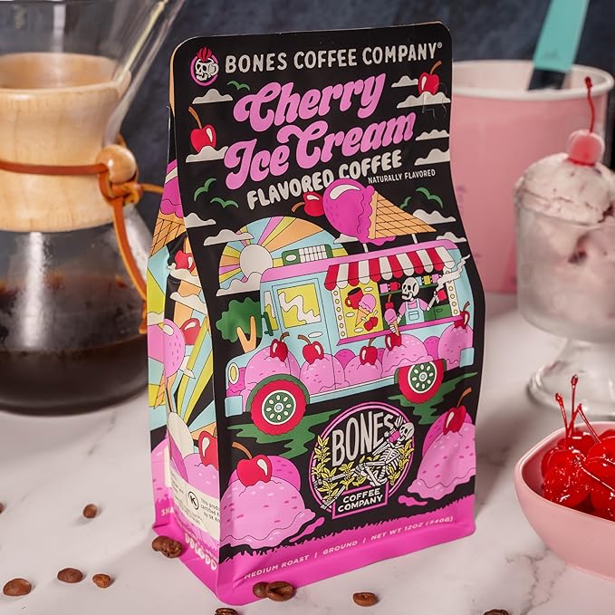 Bones Coffee Company Cherry Ice Cream Flavored Coffee, Medium Roast Low Acid Arabica Beans