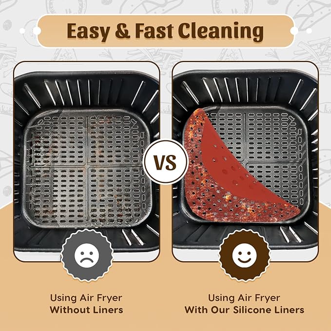 Reusable Square Silicone Air Fryer Liners (8.5 Inch, 3 Pack) by Linda’s Essentials - Non-Stick