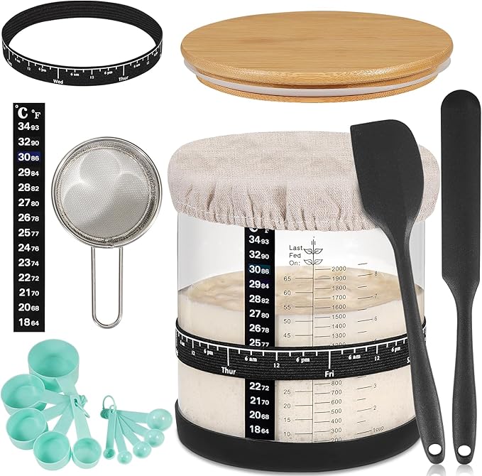 Large Sourdough Starter Jar 66 oz,Sourdough Starter Kit Wide Mouth with Ounce&ML Scale Line,Date