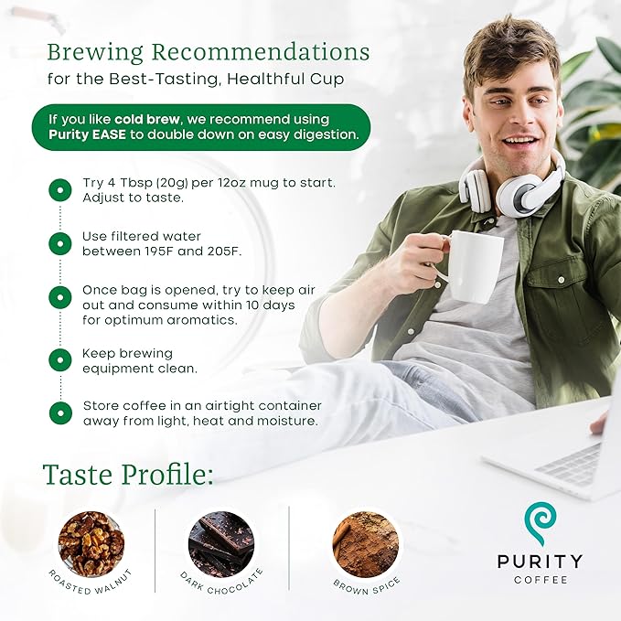 Purity Coffee EASE Dark Roast Ground Coffee for Low Acidity - USDA Organic and Third-Party Tested