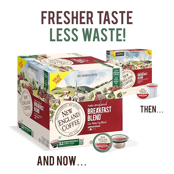 New England Coffee Breakfast Blend Medium Roast Single Serve Pods, 32ct Box (Pack of 1)
