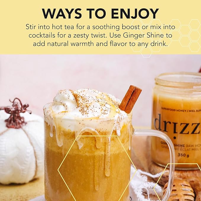 Drizzle Ginger Shine Raw Honey - All Natural Pure Raw Honey with Organic Ginger, Unfiltered &