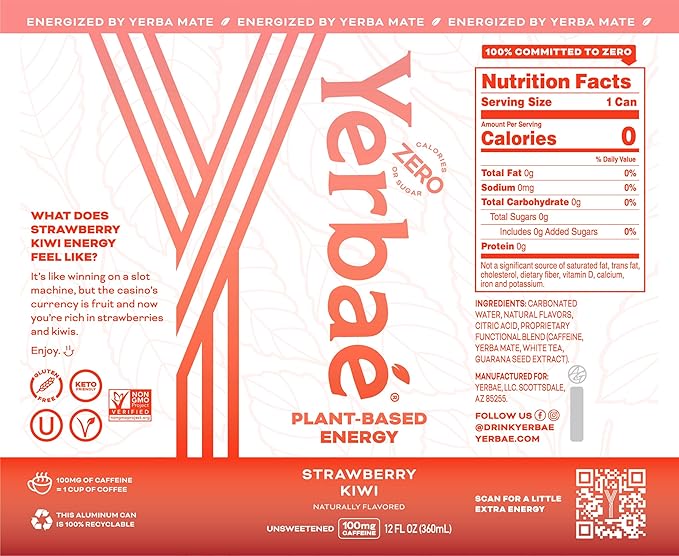 Yerbaé Energy Seltzer - Strawberry Kiwi, No Sugar/Calories/Carbs. Energized by Yerba Mate