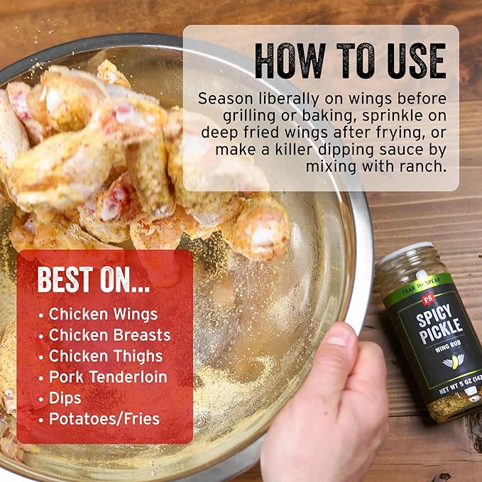 PS Seasoning Spicy Dill Pickle Wing Rub - Hot Chicken Dry Rub with Vinegar, Red Pepper, Dill