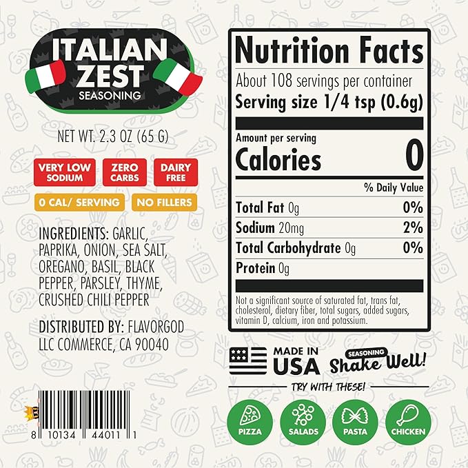 Italian Zest Seasoning Mix, 2 Bottles by Flavor God - Premium All Natural & Healthy Spice Blend for