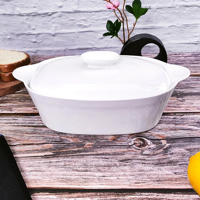Casserole Dish with Lids, 2 Quart French White Ceramic Tureens, 12.8" x 7.9" Baking Dish, Serving