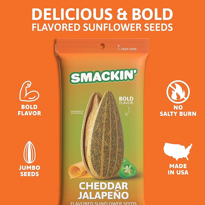 SMACKIN' Sunflower Seeds, Roasted Jumbo Small-Batch, American Made - Cheddar Jalapeño. 1.5oz bags