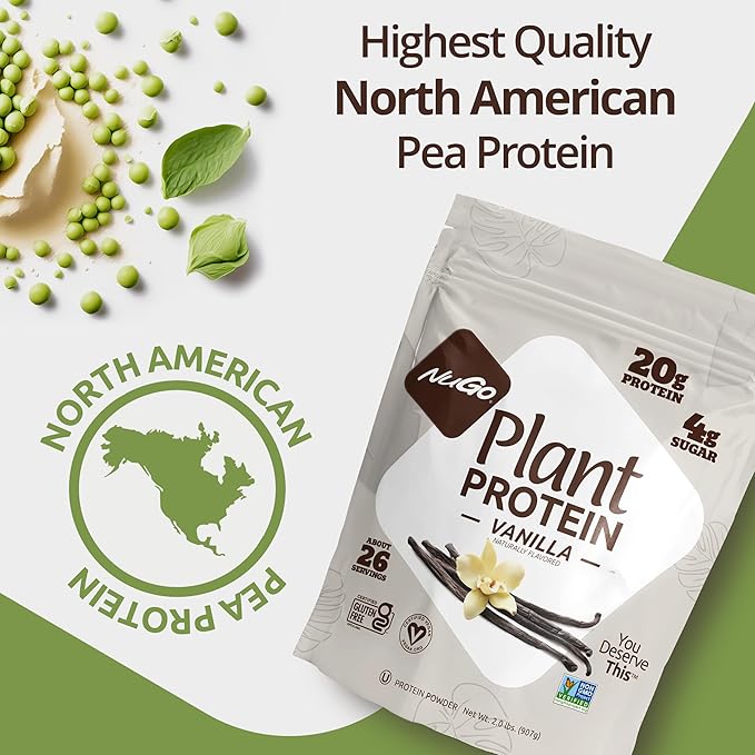 NuGo Plant Protein Powder, Chocolate, 20g Vegan Pea Protein, Low Sugar, Gluten Free, Dairy Free