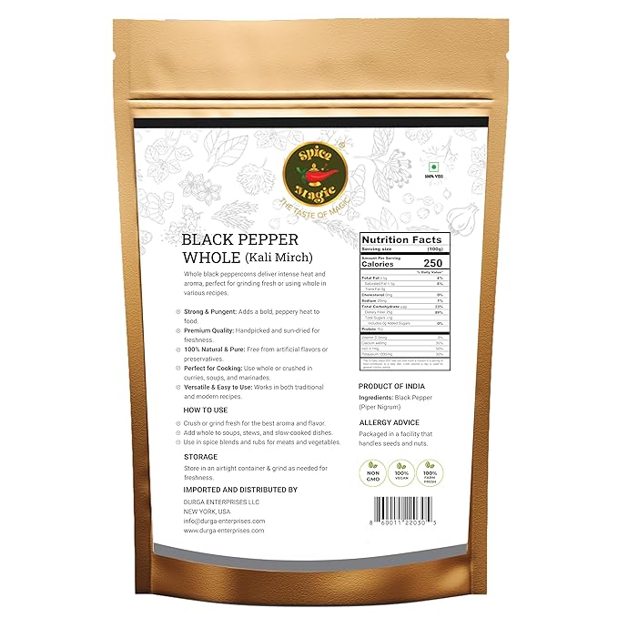 Spice Magic Black Tellicherry Peppercorns - Premium Quality, Fresh & Bold Flavor, Non-GMO, Perfect