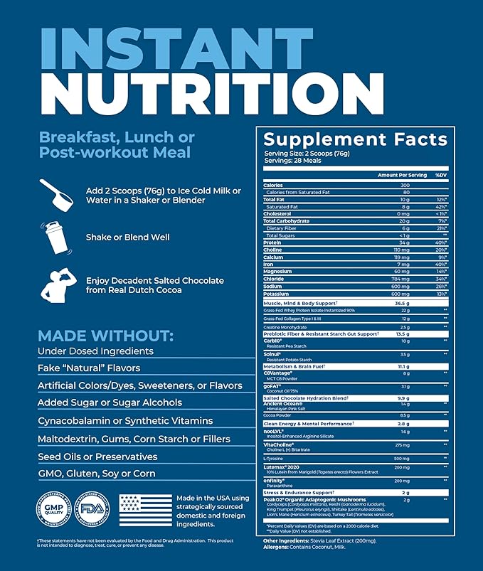 Meal Replacement Shake, Grass Fed Whey Protein Isolate & Collagen Peptides, Creatine Monohydrate