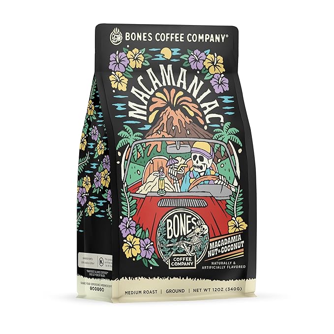 Bones Coffee Company Macamaniac, Macadamia and Coconut Flavored Coffee, Medium Roast Low Acid
