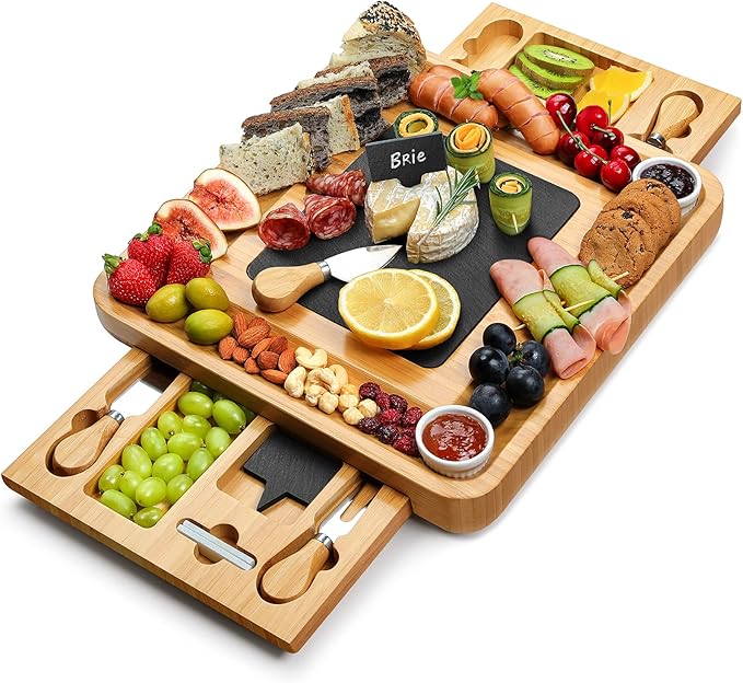 Easoger Large Bamboo Charcuterie Boards, Cheese Platter with 2 Drawers, Serving Knife, 2 Ceramic