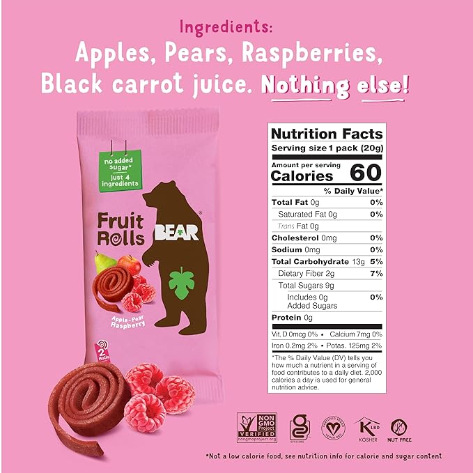 BEAR Real Fruit Snack Rolls - Gluten Free, Vegan, and Non-GMO - Raspberry ??36 Rolls, Healthy