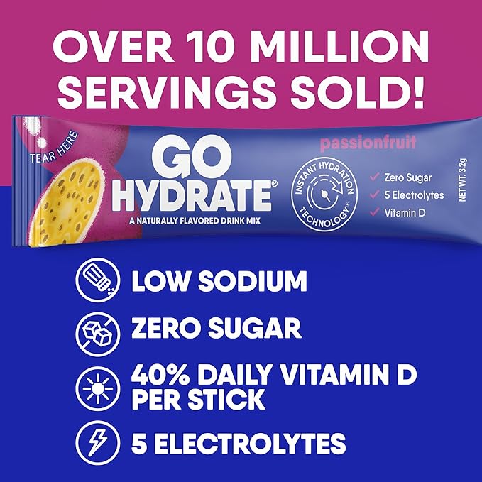GoHydrate Instant Hydration Powder Packets - Low Sodium Electrolytes Drink Mix - Natural Hydration