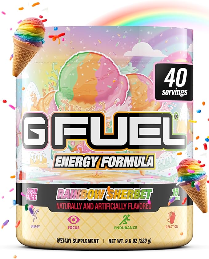 G Fuel Rainbow Sherbet Energy Drink Powder, Pre Workout Caffeine Mix for Gaming, Sugar Free Focus