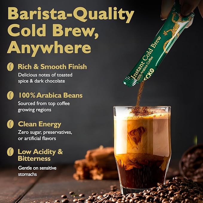 Gecko Coffee Instant Cold Brew, Craft Instant Coffee Sticks, 100% Arabica Medium-Dark Roast, Coffee