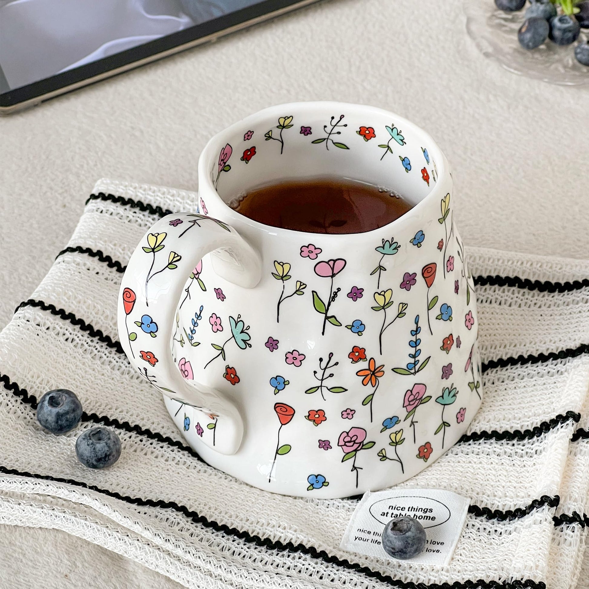 Large Ceramic Coffee Mug Cute Flower with Handmade Big Handle, 20oz Girly Pink Floral Tea Cup for