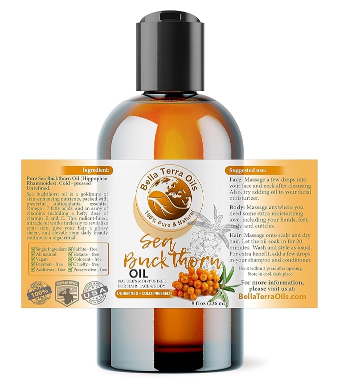 Bella Terra Oils - Organic Sea Buckthorn Oil 8oz - Cold-Pressed Treasure, Bursting with Omega-3 &