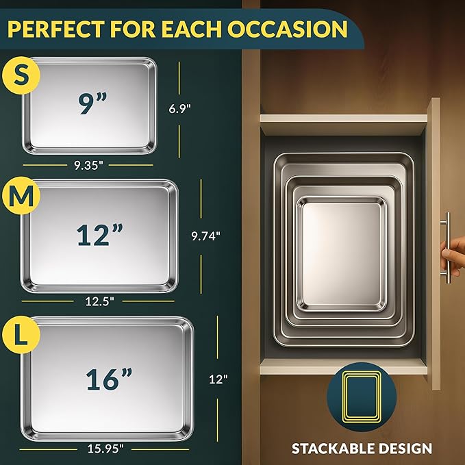 Baker’s Signature Stainless Steel Cookie Sheet Pan, Stainless Steel Baking Sheet Set of 3, Mirror