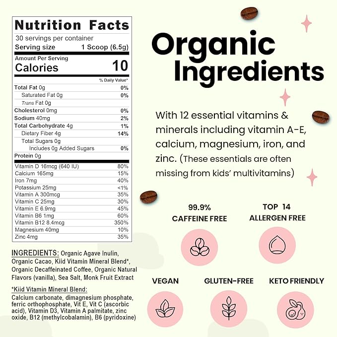 Kiid Coffee - 99.9% Caffeine-Free Organic Coffee for Kids - As Seen on Shark Tank - 12 Vitamins &