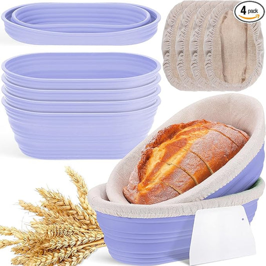 Nuogo 4 Pack Oval Bread Proofing Basket Silicone 10 Inch Collapsible Sourdough Bread Baking
