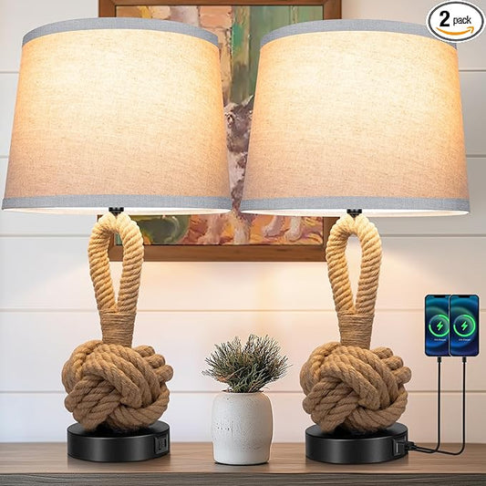 22" Rope Lamps for Night Stands, Bedside Lamps Set of 2, Boho Table Lamps for Living Room End