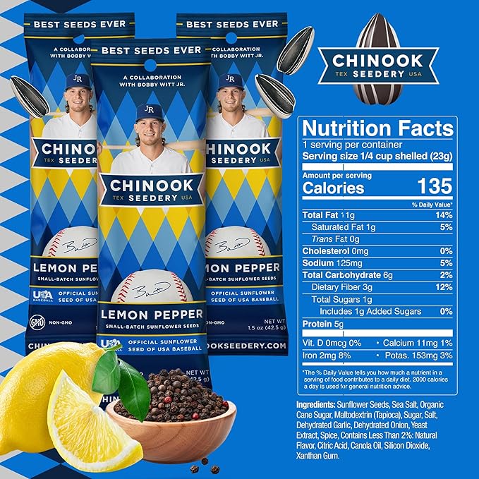 Chinook Seedery Roasted Sunflower Seeds to Eat - 1.5 oz (Pack of 36) Lemon Pepper - Jumbo Low