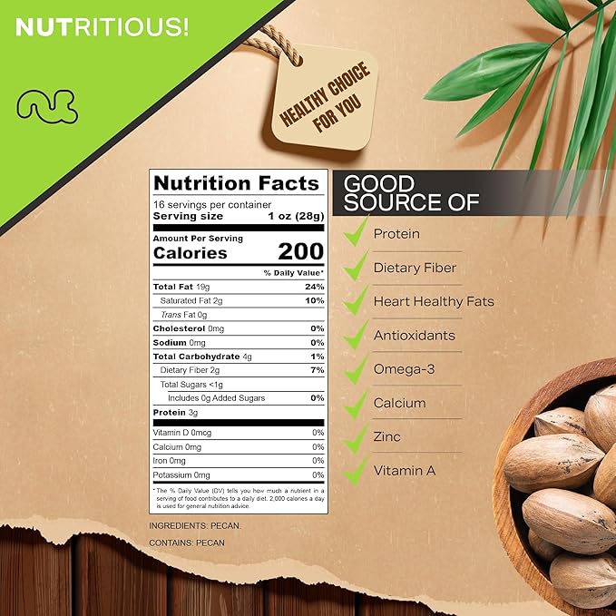 NUT CRAVINGS - Raw Hard Shell Pecans, (16oz - 1 LB) Bulk Nuts Packed Fresh in Resealable Bag
