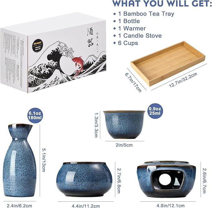 DUJUST 10 pcs Japanese Sake Set with Warmer for 6, Kiln Altered Glaze Porcelain Sake Set, 6 Sake