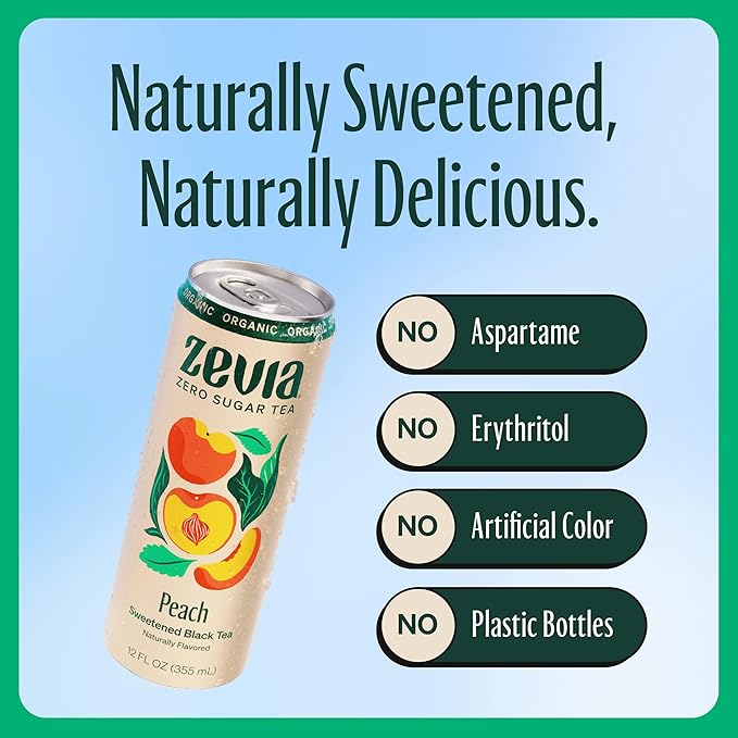 Zevia Zero Sugar Tea, Black Tea with Peach, 12 oz Cans (12-Pack) – Naturally Sweetened, Zero