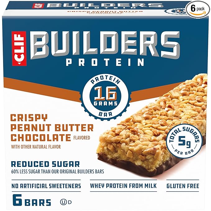 CLIF BUILDERS Protein Bars - Crispy Peanut Butter Chocolate Flavored - Reduced Sugar - Gluten Free