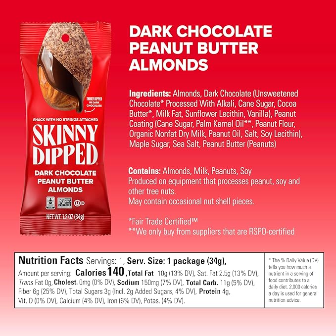SkinnyDipped Dark Chocolate Peanut Butter Almonds, Chocolate Covered Almonds, Low Sugar, Gluten
