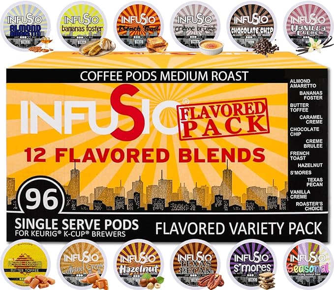 InfuSio Flavored Coffee Pods Variety Pack – 96 Count, 12 Gourmet Medium Roast Dessert-Inspired