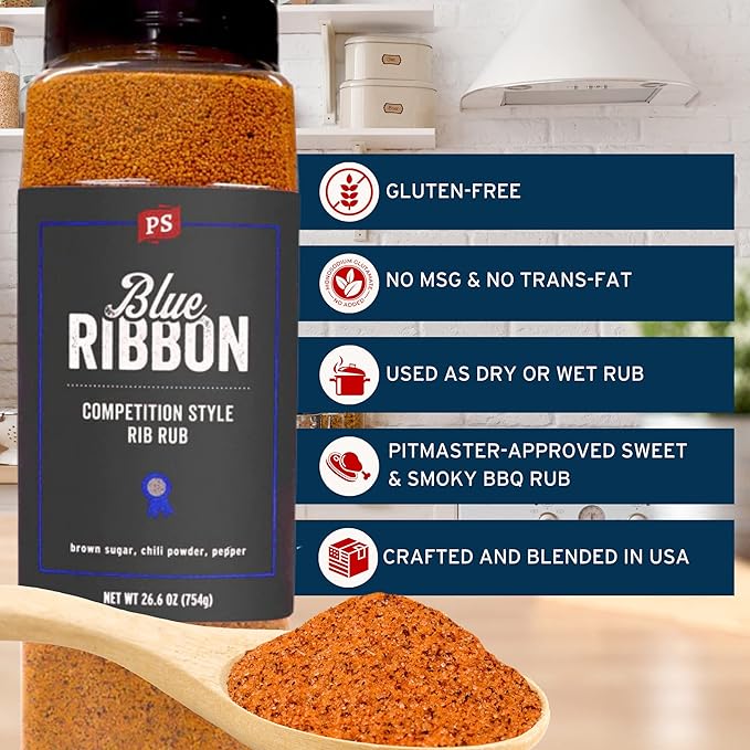 PS Seasoning Blue Ribbon Rib Rub- Sweet & Smoky Competition Style BBQ Seasoning for Smoking and