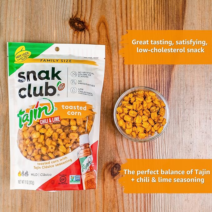 Snak Club Tajin Toasted Corn, Roasted Corn Nuggets with Chili and Lime Seasoning, Mild, Non-GMO